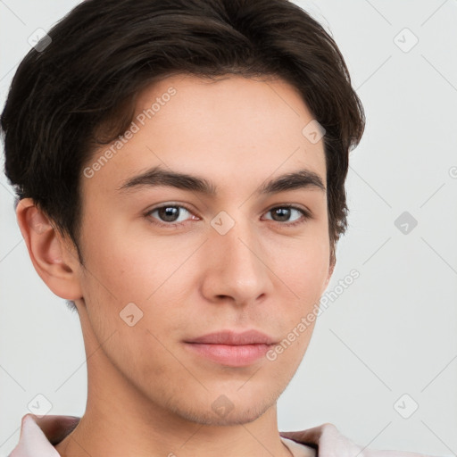 Neutral white young-adult male with short  brown hair and brown eyes