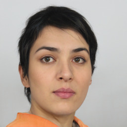 Neutral asian young-adult female with short  brown hair and brown eyes