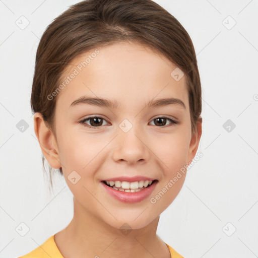 Joyful white child female with medium  brown hair and brown eyes