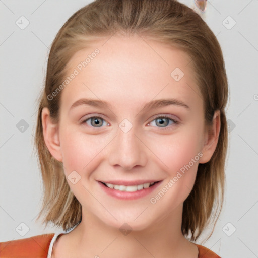 Joyful white young-adult female with medium  brown hair and blue eyes