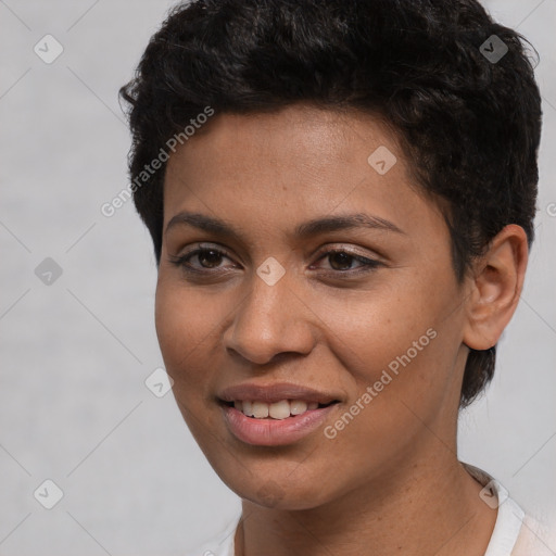 Joyful white young-adult female with short  brown hair and brown eyes