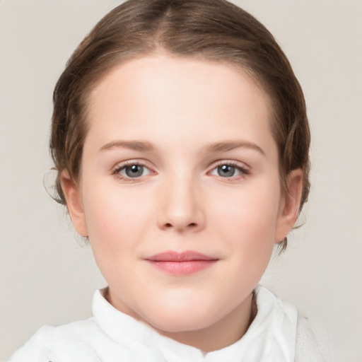 Joyful white child female with medium  brown hair and grey eyes