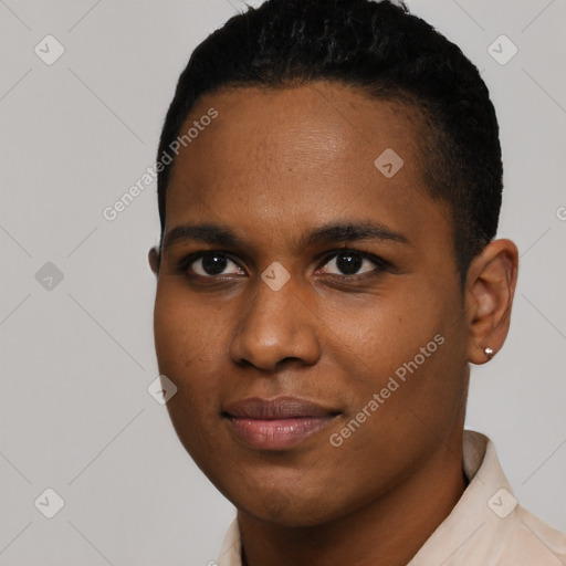 Joyful black young-adult male with short  black hair and brown eyes