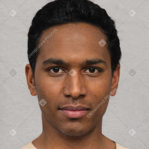 Neutral black young-adult male with short  black hair and brown eyes