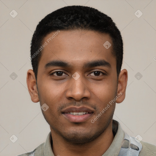 Joyful latino young-adult male with short  black hair and brown eyes