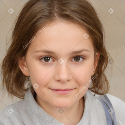 Joyful white child female with medium  brown hair and brown eyes