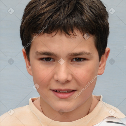 Joyful white child male with short  brown hair and brown eyes