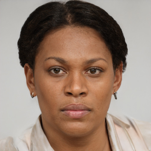 Neutral black adult female with short  brown hair and brown eyes