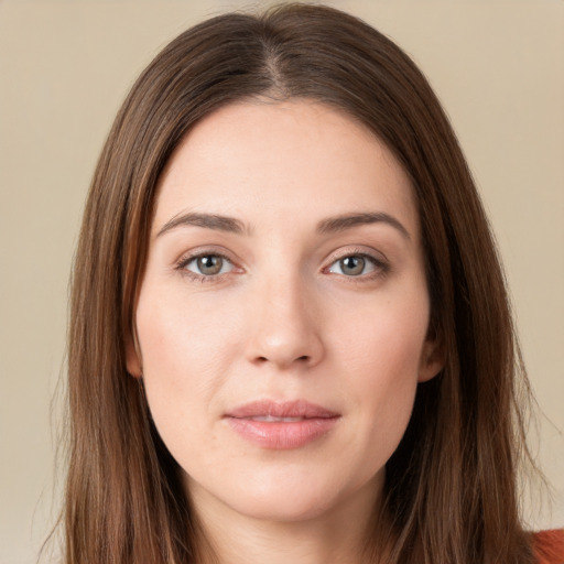 Neutral white young-adult female with long  brown hair and grey eyes