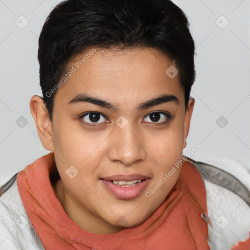 Joyful latino young-adult female with short  brown hair and brown eyes