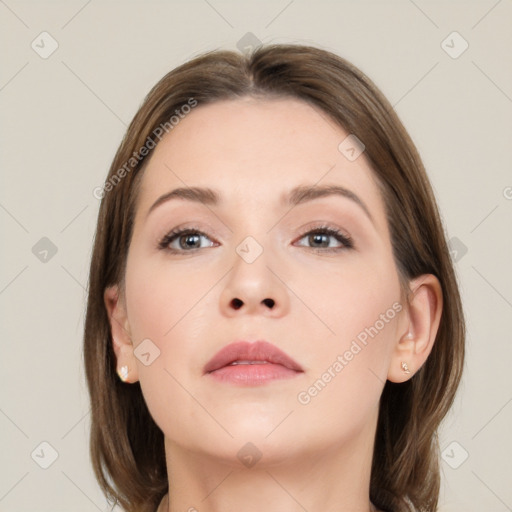 Neutral white young-adult female with medium  brown hair and grey eyes