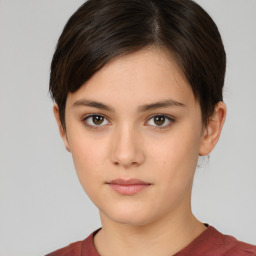 Neutral white young-adult female with short  brown hair and brown eyes