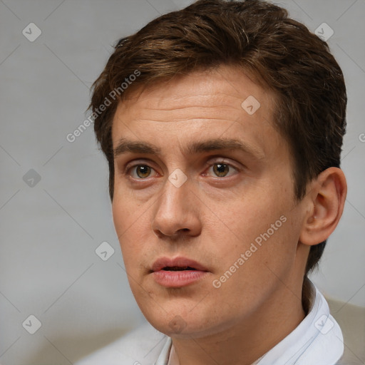 Neutral white young-adult male with short  brown hair and brown eyes