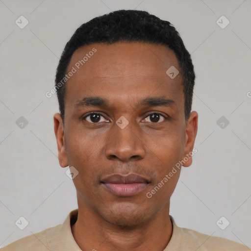Neutral latino young-adult male with short  black hair and brown eyes