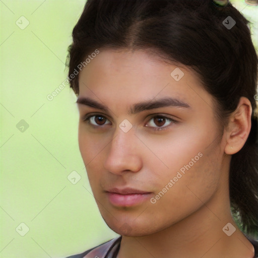 Neutral white young-adult female with short  brown hair and brown eyes