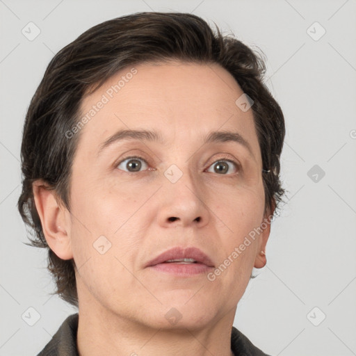 Neutral white adult female with short  brown hair and brown eyes