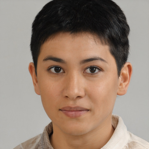 Neutral asian young-adult male with short  brown hair and brown eyes