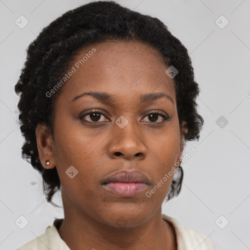 Neutral black young-adult female with short  brown hair and brown eyes