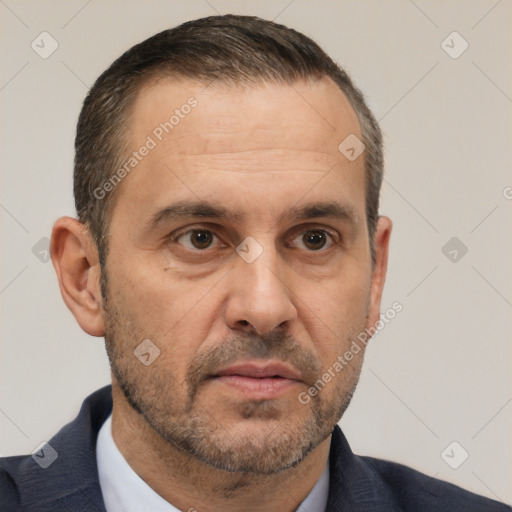 Neutral white adult male with short  brown hair and brown eyes