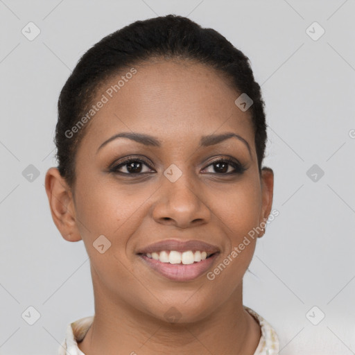 Joyful latino young-adult female with short  brown hair and brown eyes