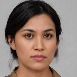 Neutral asian young-adult female with medium  black hair and brown eyes