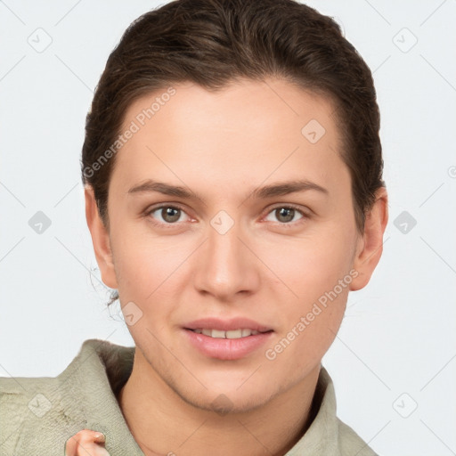 Joyful white young-adult female with short  brown hair and brown eyes