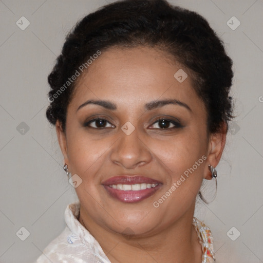 Joyful latino young-adult female with short  brown hair and brown eyes