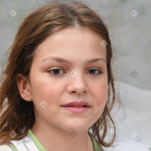 Joyful white child female with medium  brown hair and brown eyes