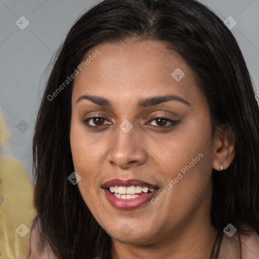 Joyful white young-adult female with long  brown hair and brown eyes