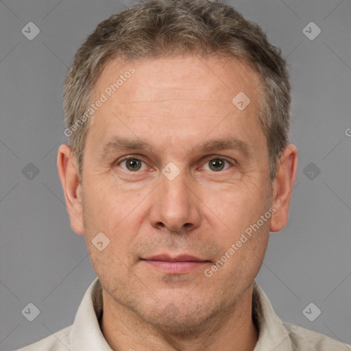 Neutral white adult male with short  brown hair and brown eyes