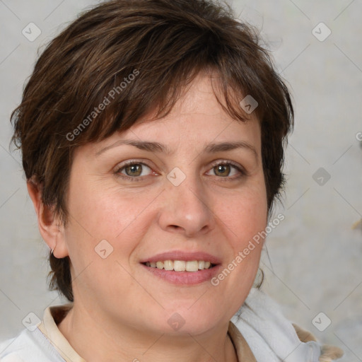 Joyful white young-adult female with medium  brown hair and blue eyes