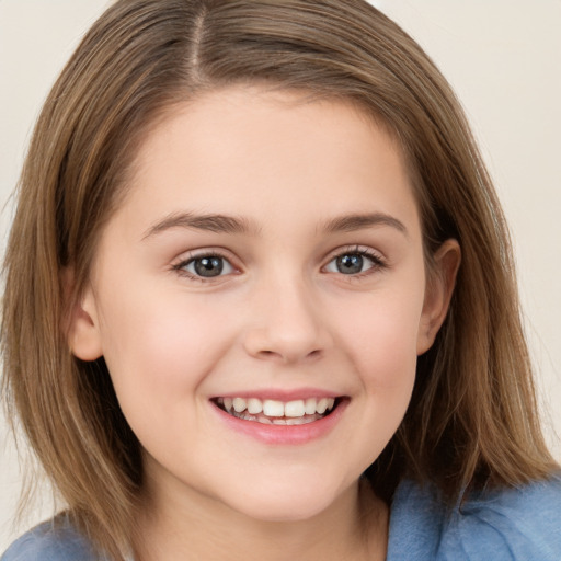 Joyful white child female with medium  brown hair and brown eyes