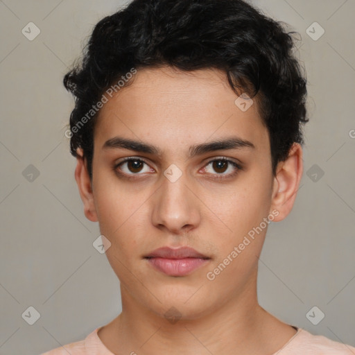 Neutral latino young-adult male with short  brown hair and brown eyes