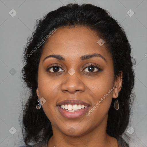 Joyful latino young-adult female with long  black hair and brown eyes