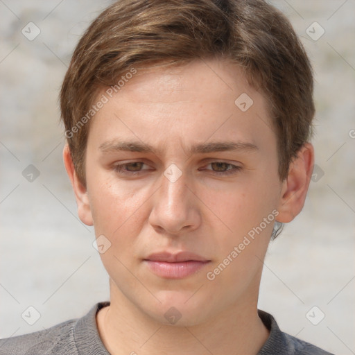 Neutral white young-adult male with short  brown hair and grey eyes