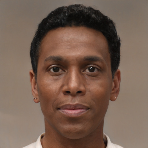 Joyful black young-adult male with short  black hair and brown eyes