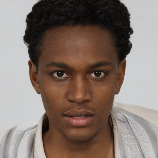 Neutral black young-adult male with short  black hair and brown eyes