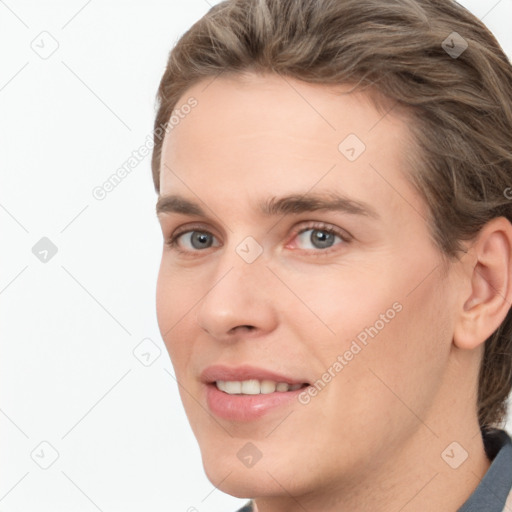 Joyful white young-adult male with medium  brown hair and brown eyes