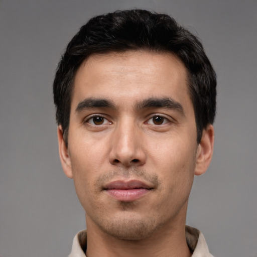 Neutral white young-adult male with short  black hair and brown eyes