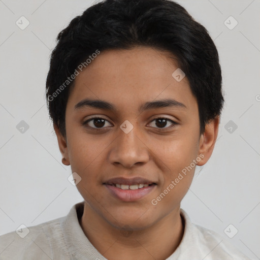 Joyful latino young-adult female with short  black hair and brown eyes