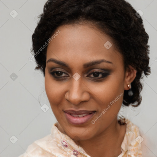 Joyful black young-adult female with medium  brown hair and brown eyes