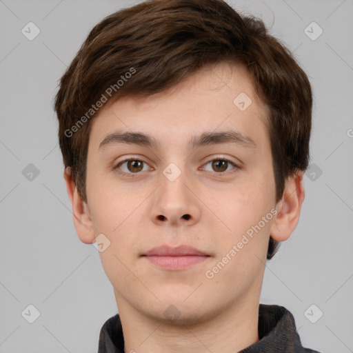 Neutral white young-adult male with short  brown hair and brown eyes