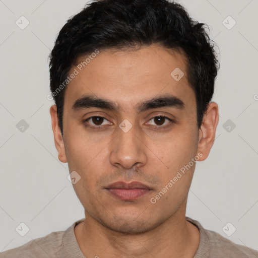 Neutral latino young-adult male with short  black hair and brown eyes