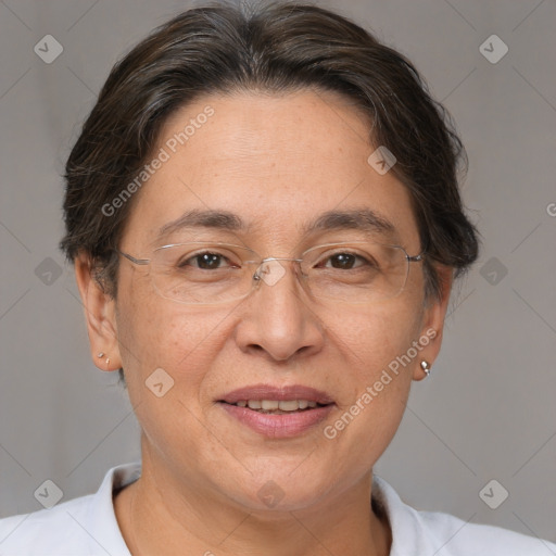 Joyful white adult female with short  brown hair and brown eyes