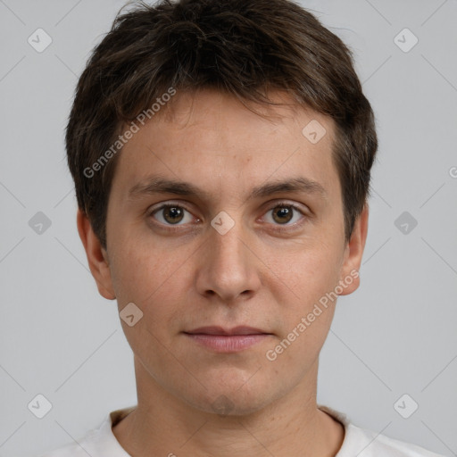 Neutral white young-adult male with short  brown hair and brown eyes