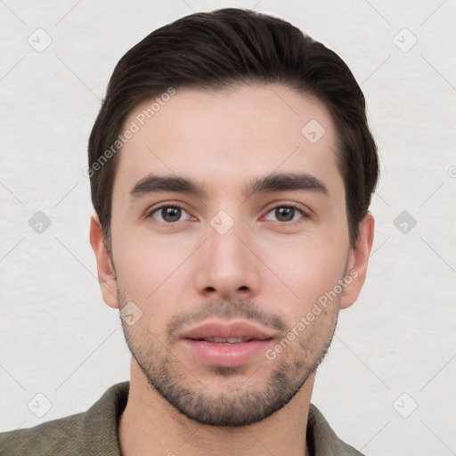 Neutral white young-adult male with short  brown hair and brown eyes