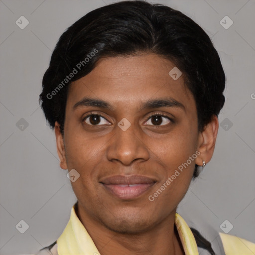 Joyful asian young-adult male with short  brown hair and brown eyes