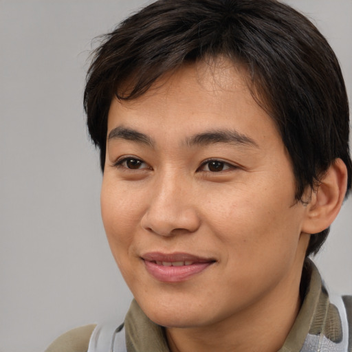 Joyful asian young-adult female with medium  brown hair and brown eyes