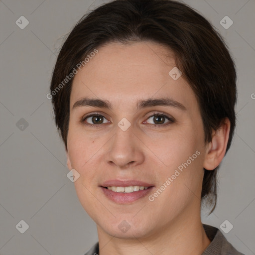 Joyful white young-adult female with medium  brown hair and brown eyes