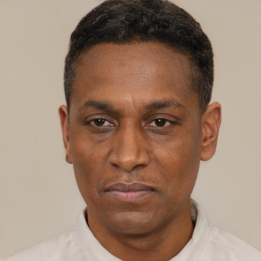 Neutral black adult male with short  black hair and brown eyes